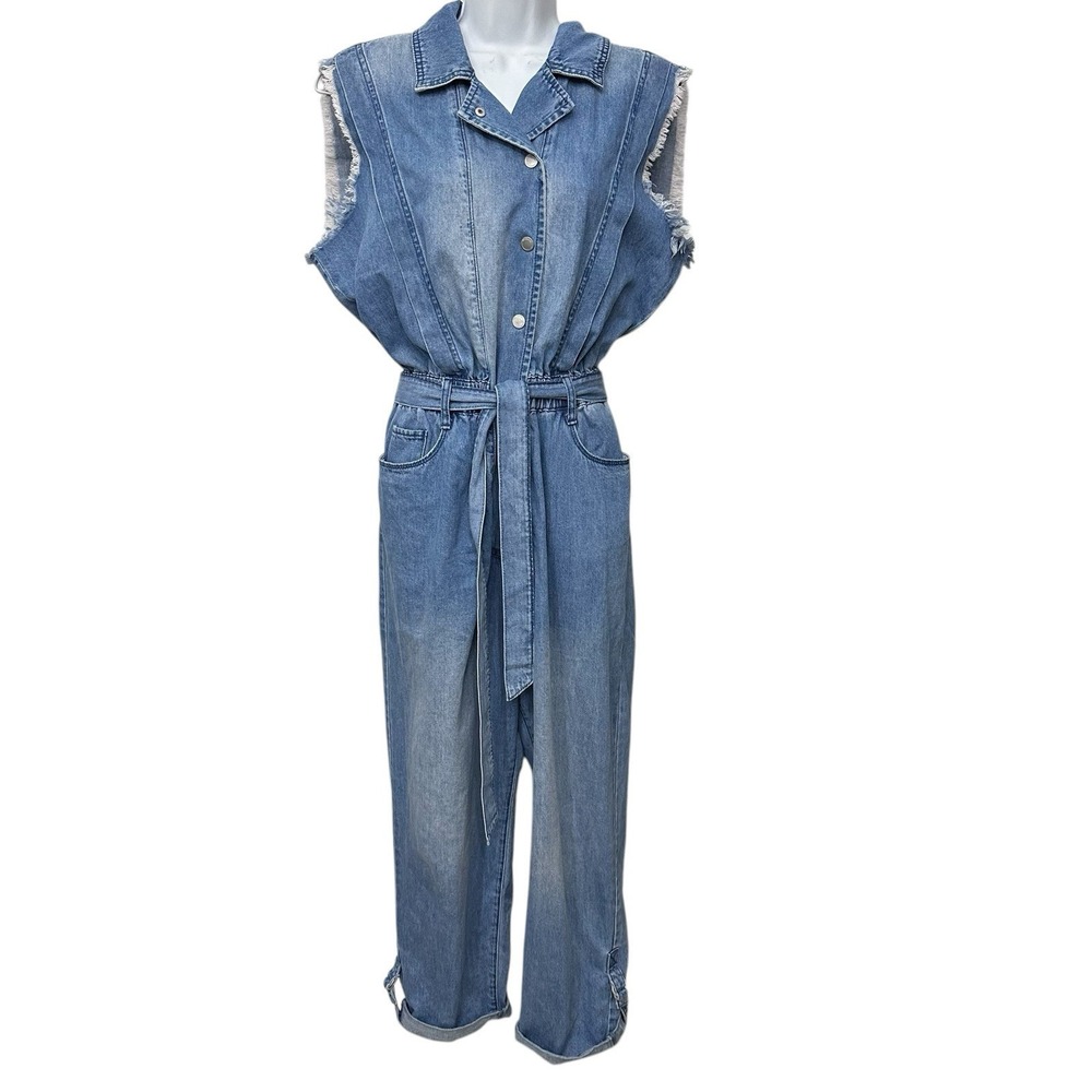 BLANKNYC Womens Sleeveless Belted Blue Denim‎ Jumpsuit Size Large